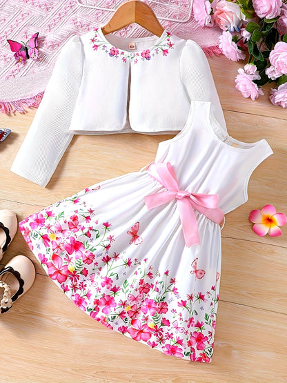 2-Piece Set: Girls' Elegant and Charming Floral Dress