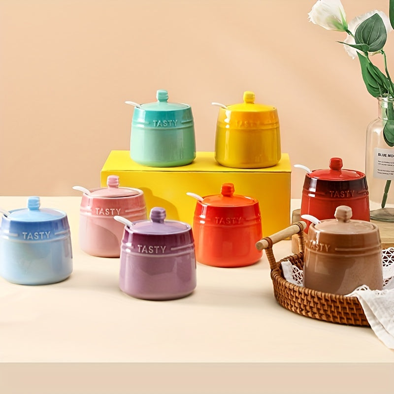 1set Ceramic Colorful Gradient Spice Container with Lid and Spoon Set
