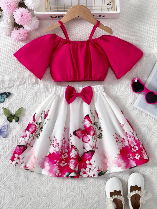 Two-piece Young Girl Casual Plain Color Halter Neck Short Sleeve Top