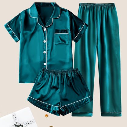 Women's Solid Satin Casual Pajama Set, Short Sleeve