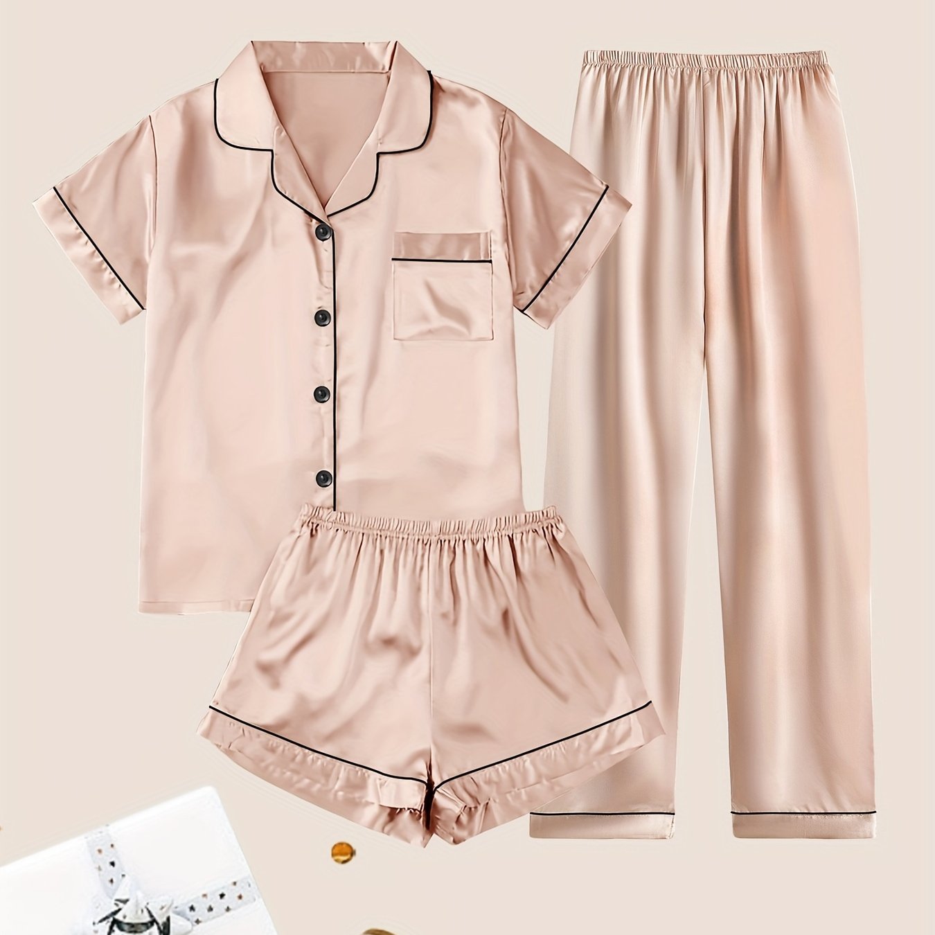 Women's Solid Satin Casual Pajama Set, Short Sleeve