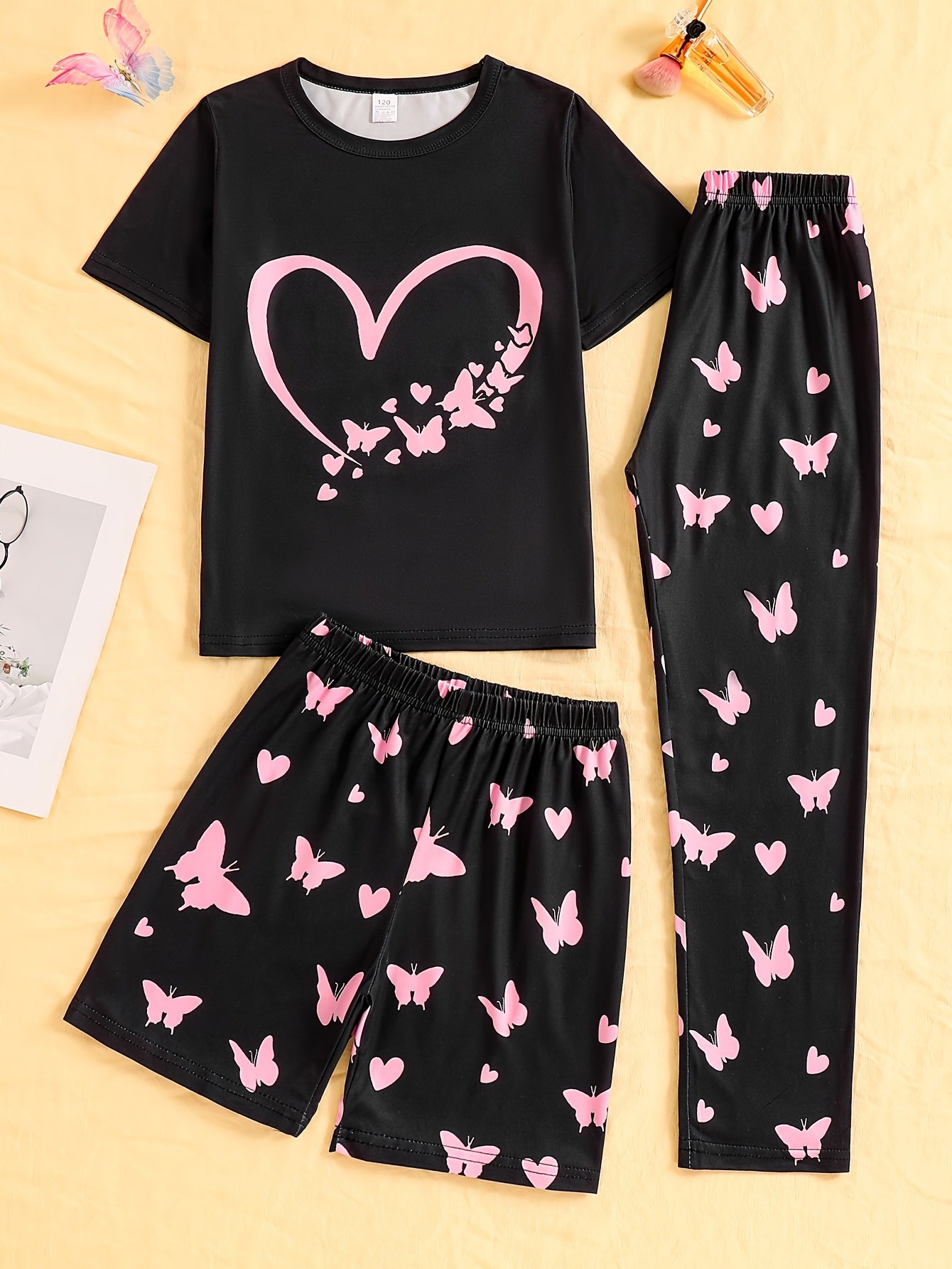 3pcs Girls' Pajama Set with Heart and Butterfly Print