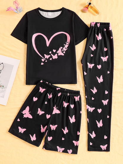 3pcs Girls' Pajama Set with Heart and Butterfly Print