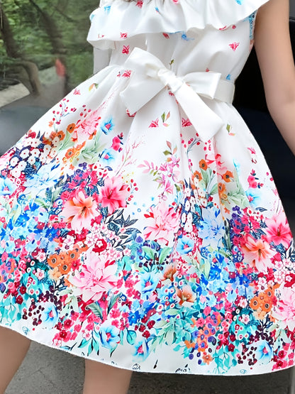 Charming Girls' Summer Dress with Butterfly & Floral Print