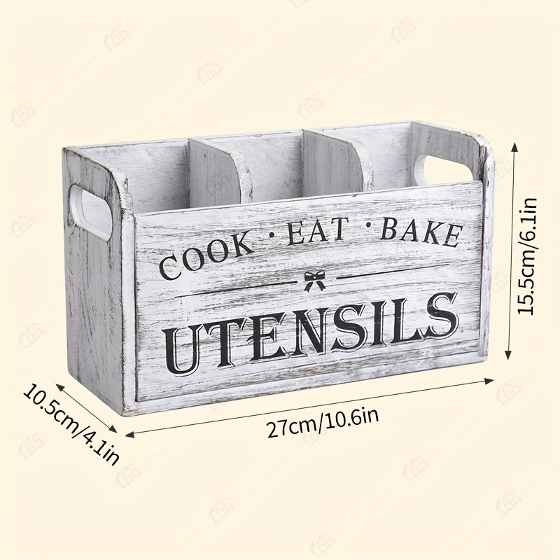 3-Compartment LDQ Rustic Wooden Kitchen Utensil Holder