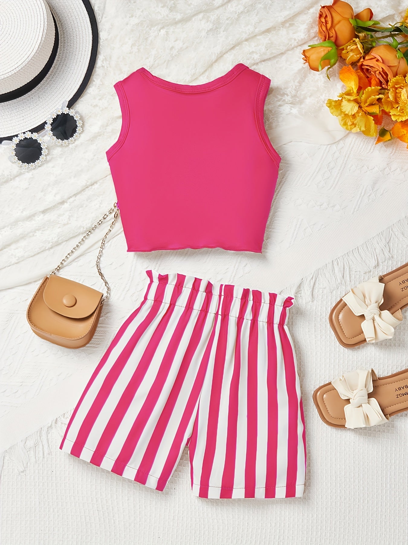 Girls' Pink Striped Shorts & Sleeveless Top Set