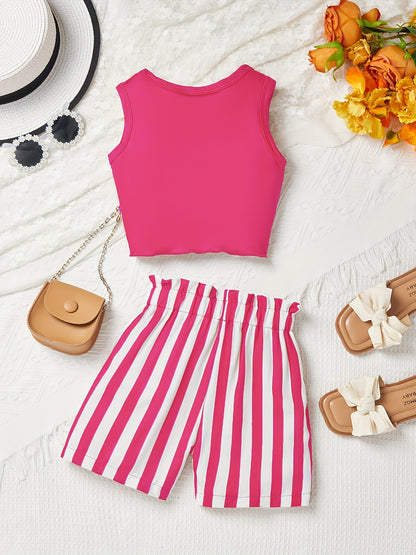 Girls' Pink Striped Shorts & Sleeveless Top Set