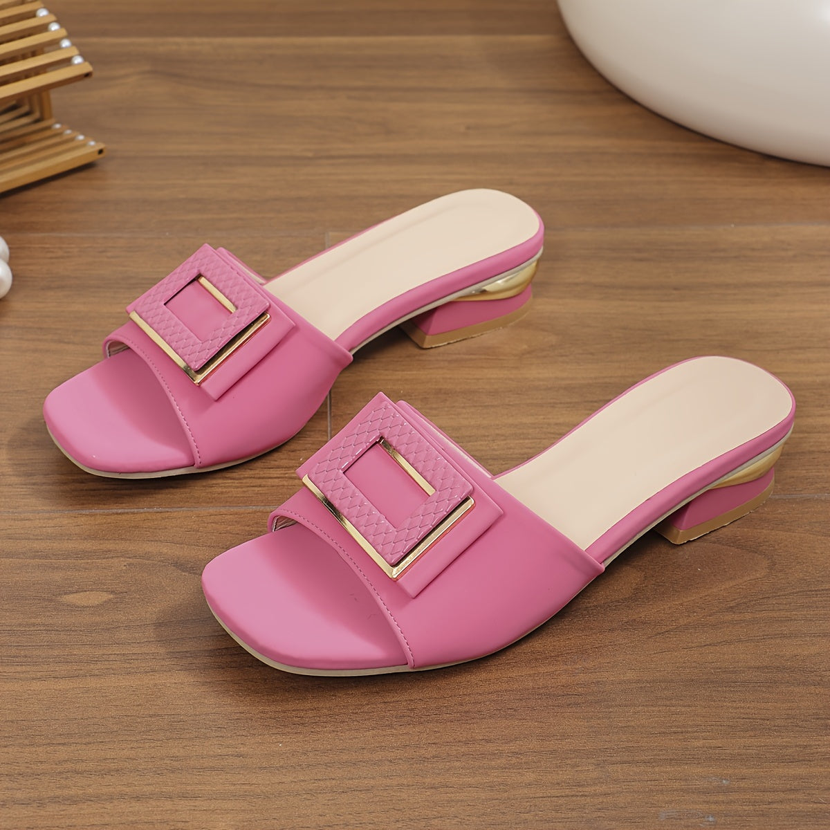 Metallic Buckle Sandals, Slip On Elegant Square Toe Shoes
