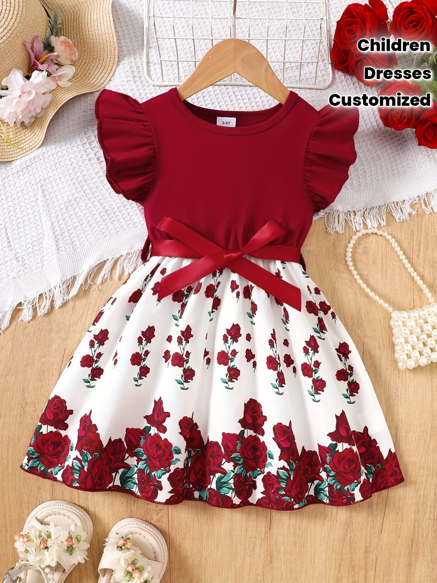 Burgundy Rose Print Flutter Sleeve Summer Girls' Casual Dress