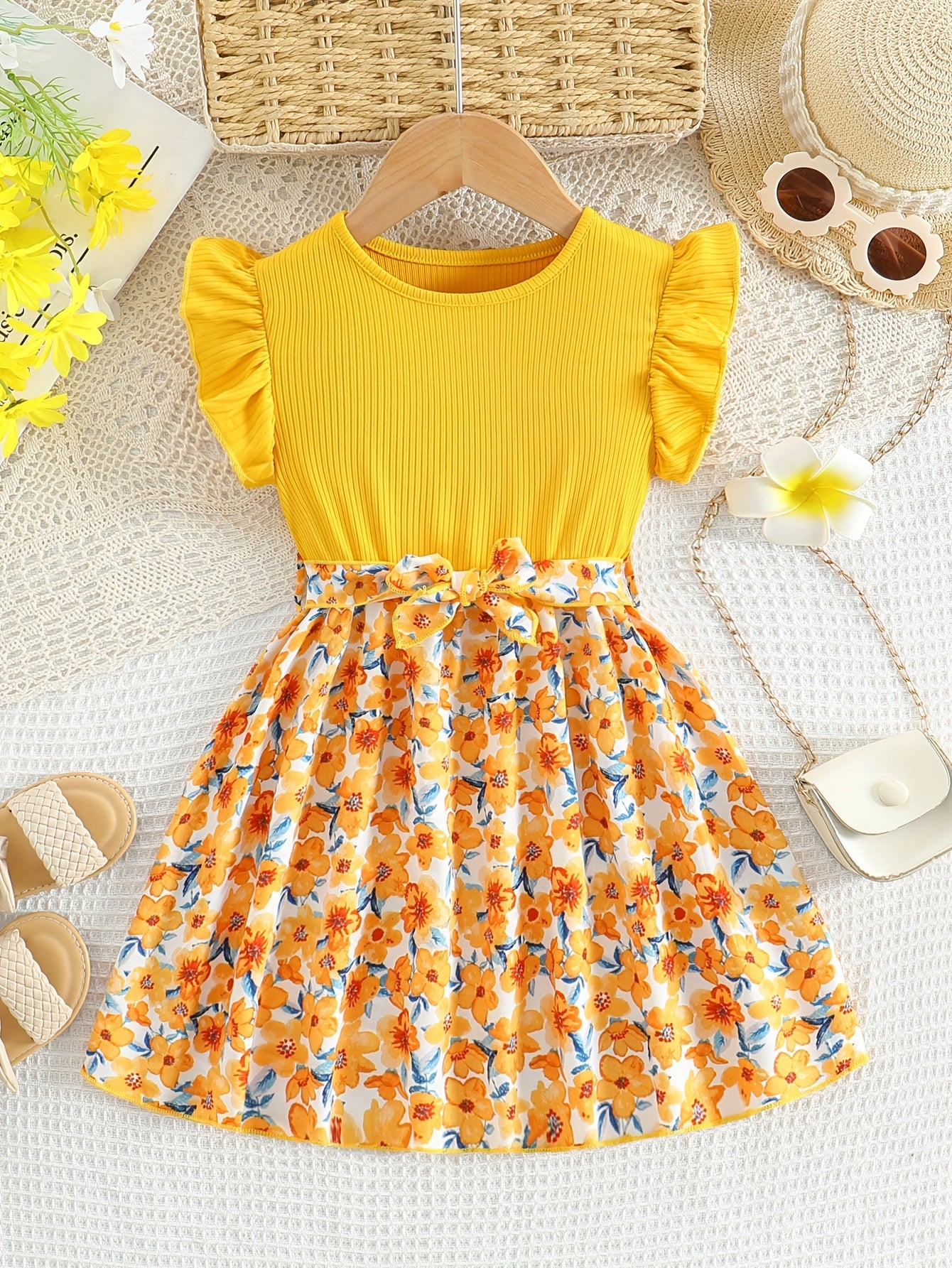 Girls' Patchwork Yellow Romantic Floral Print Dress