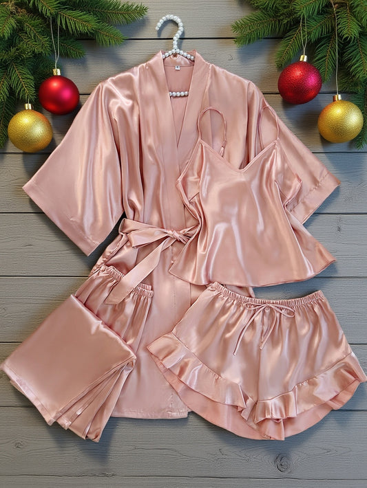 Women'S All-Season V-Neck Pajama Set - Comfortable, Sexy, Polyester 4pcs Sleepwear with Tie Waist And Drawstring Shorts