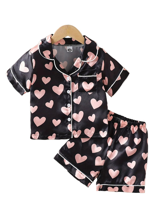 Cute Pink Love Print Girls' Pajama Set | Short Sleeve and Shorts