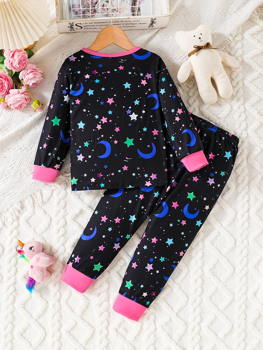 Girls' 2pcs Magical Glow-in-the-Dark Unicorn & Star Night Sky Pajamas