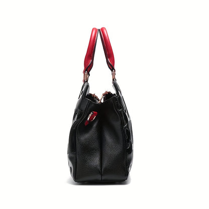 Genuine Leather Shoulder Handbag - Black with Red Accents