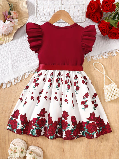 Burgundy Rose Print Flutter Sleeve Summer Girls' Casual Dress
