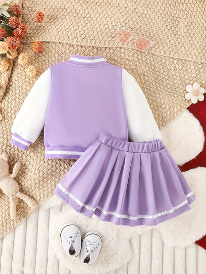 Girls' Baseball Jacket & Preppy Pleated Skirt Set