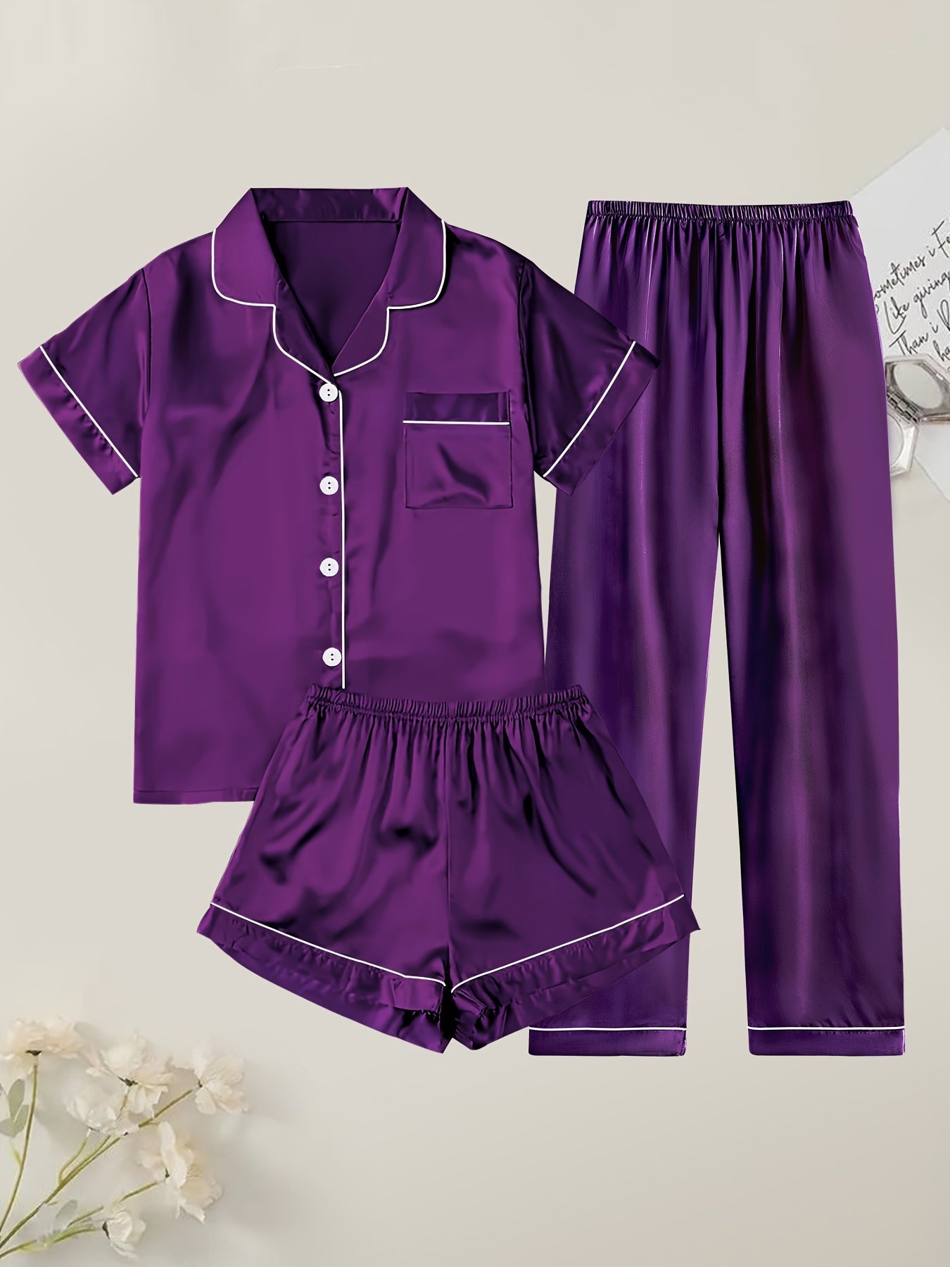 Women's Solid Satin Casual Pajama Set, Short Sleeve