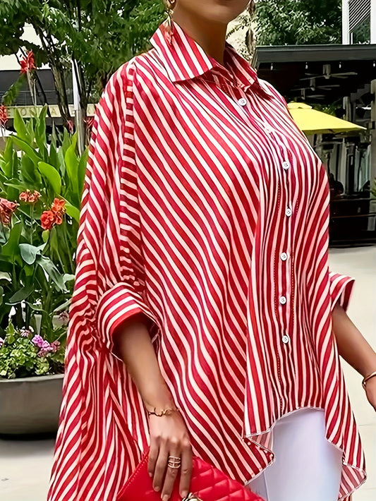 Women's Casual Striped Button-Up Shirt - Red & White Vertical Stripes