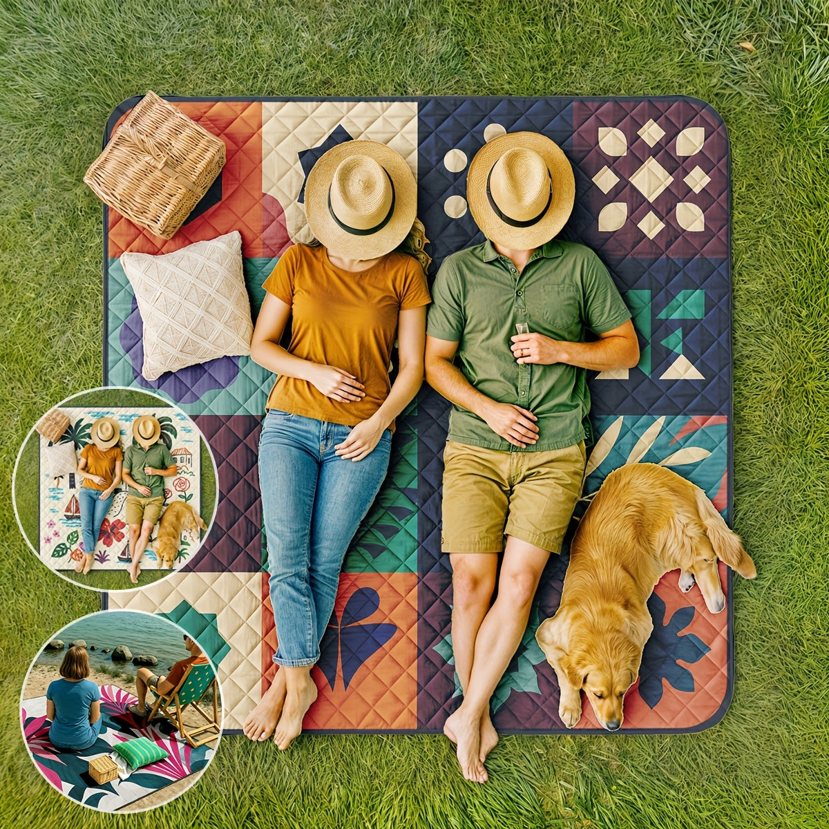 Extra Large 198.12x198.12 cm Foldable Picnic Blanket with Carry Strap