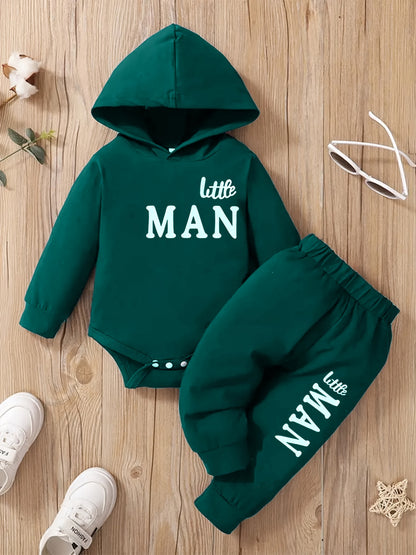 2pcs Boys' Hooded Long-Sleeve Letter Print Bodysuit
