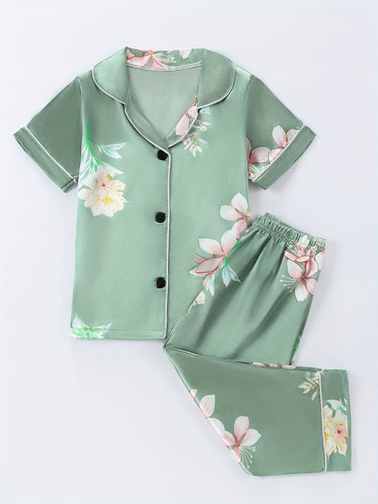 New Youngsters's Pajamas with Green Flower Print