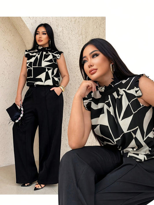 Plus Size - Plus Size - Elegant High Neck Geometric Print Blouse for Women - Sleeveless Summer Top with Asymmetrical Hem, Black & White Design, Non-Stretch Fabric, Perfect for Casual or Stylish Outfits, Summer Fashion | Asymm
