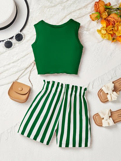 Girls' Pink Striped Shorts & Sleeveless Top Set
