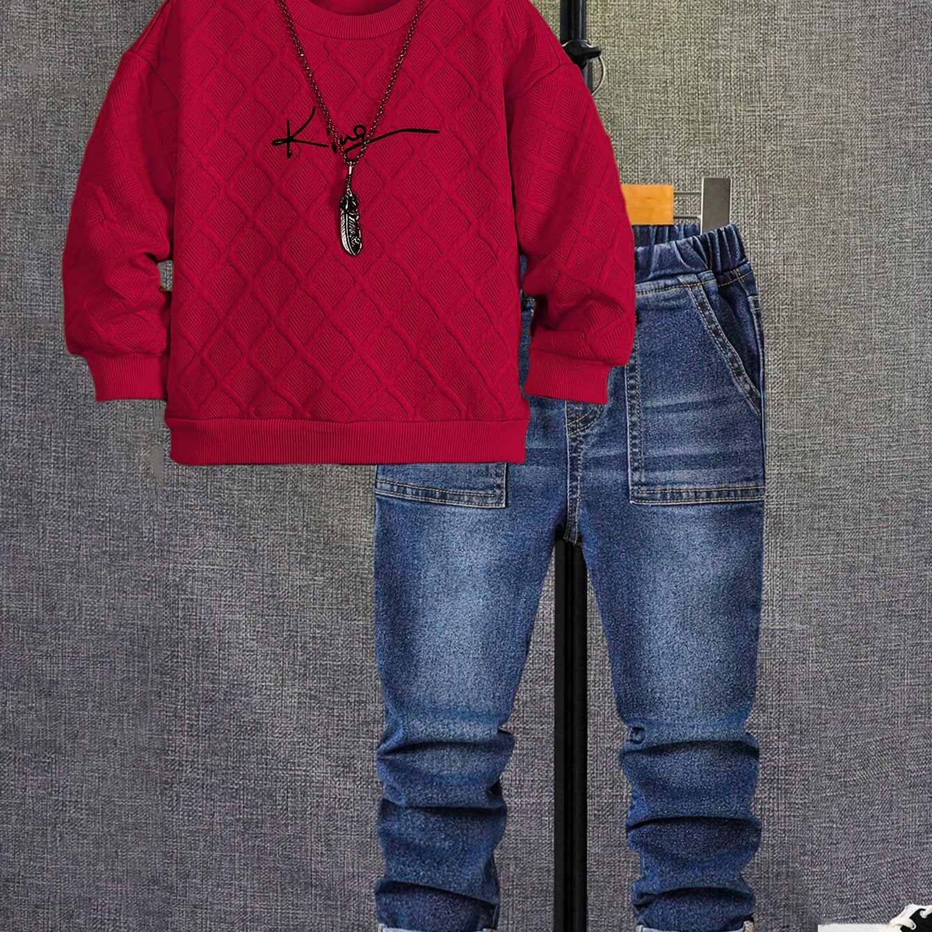 Boys' Long Sleeve Orange Crew Neck Sweat & Casual Jeans Set