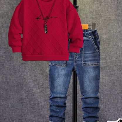 Boys' Long Sleeve Orange Crew Neck Sweat & Casual Jeans Set