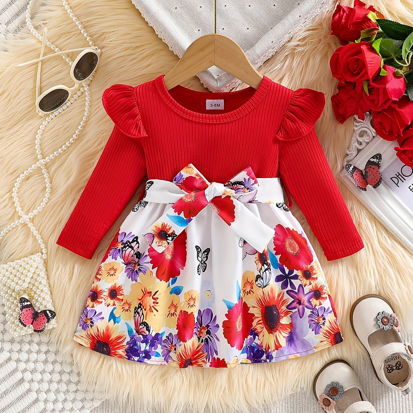 Baby comfortable dress+belt two-piece set