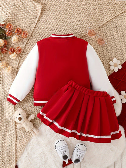 Girls' Baseball Jacket & Preppy Pleated Skirt Set