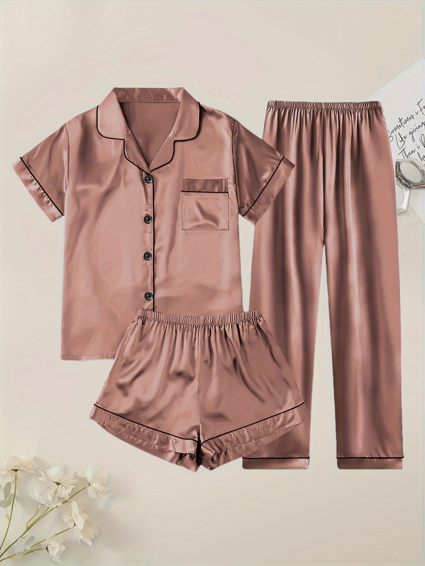Women's Solid Satin Casual Pajama Set, Short Sleeve