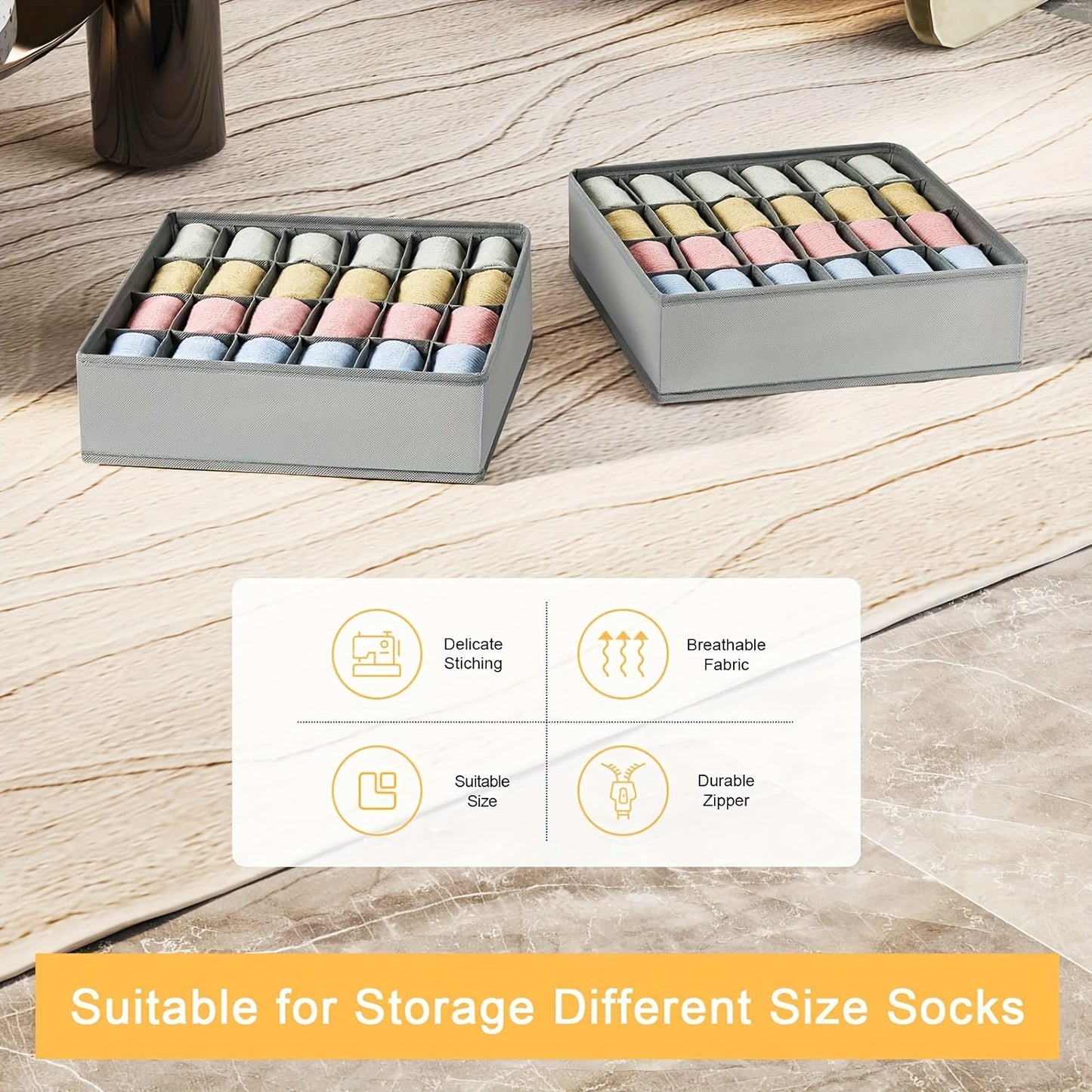 Gray Fabric Storage Boxes | Foldable & Stackable Organizer with 24 Compartments for Socks