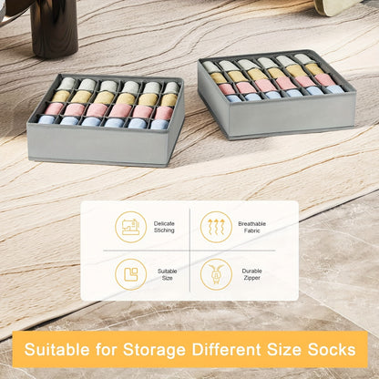 Gray Fabric Storage Boxes | Foldable & Stackable Organizer with 24 Compartments for Socks