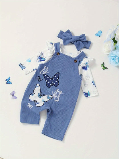 3pcs Set: Long-Sleeve Butterfly Love Print Flutter Hem
