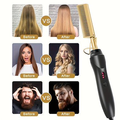 EU Standard Golden Straight Hair Comb with Dual Temperature Control for Unique Hairstyling