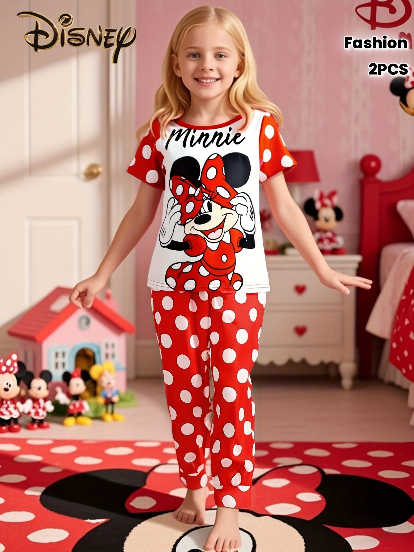 Disney Cute Minnie Print Short Sleeve T-Shirt and Long Pants Pajama Set