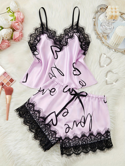 Contrast Lace Letter Print Pajamas Set