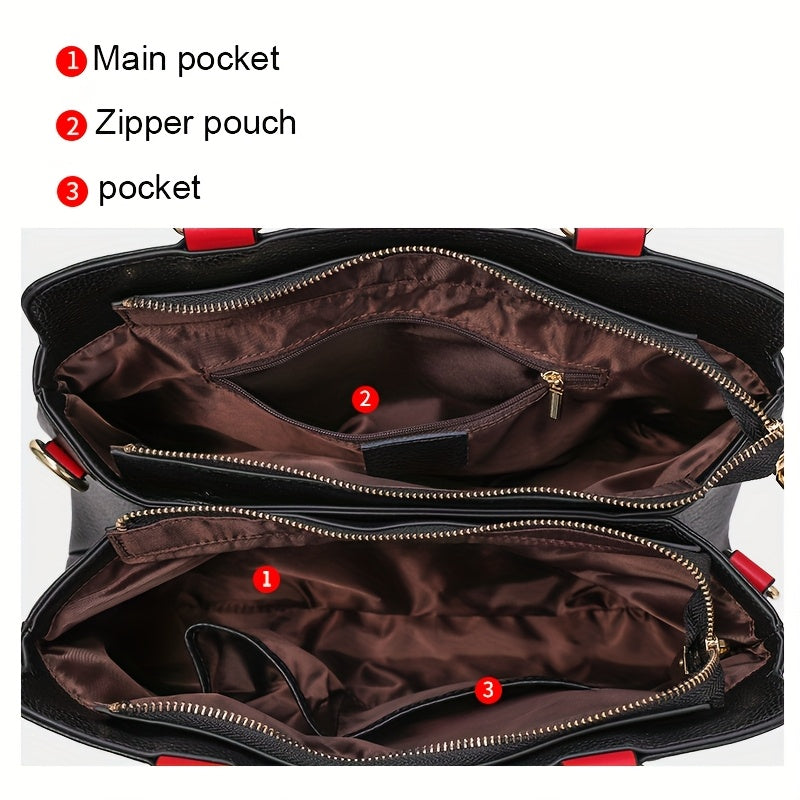 Genuine Leather Shoulder Handbag - Black with Red Accents