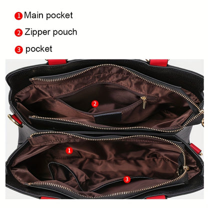 Genuine Leather Shoulder Handbag - Black with Red Accents