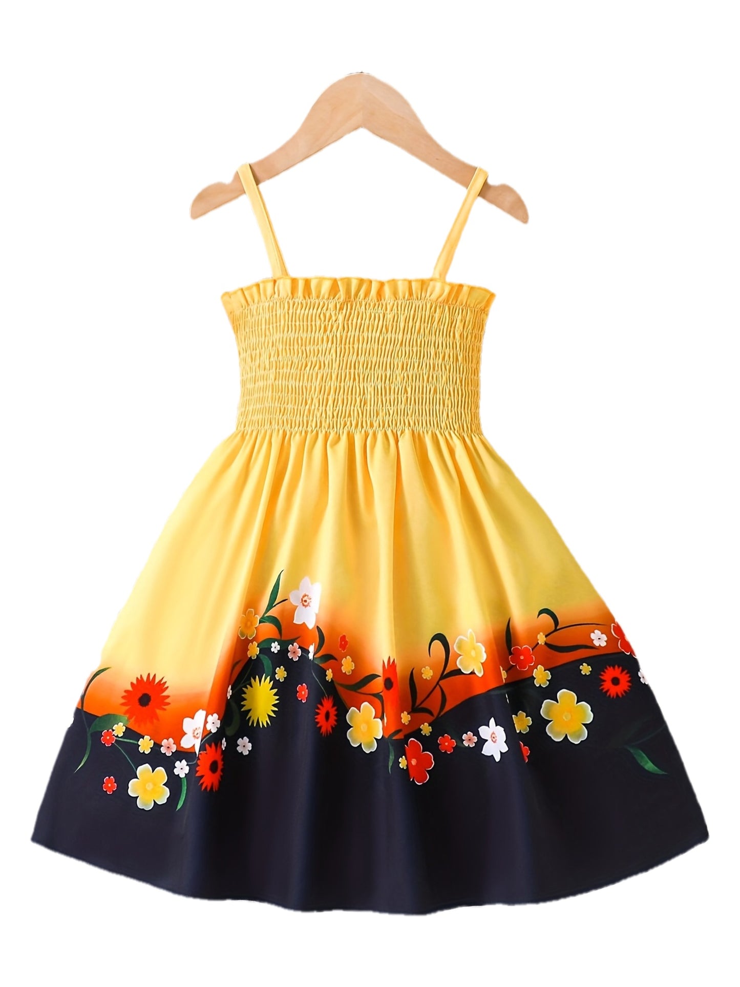 Girls' Floral Pattern Ruffled Spaghetti Suspender Dress