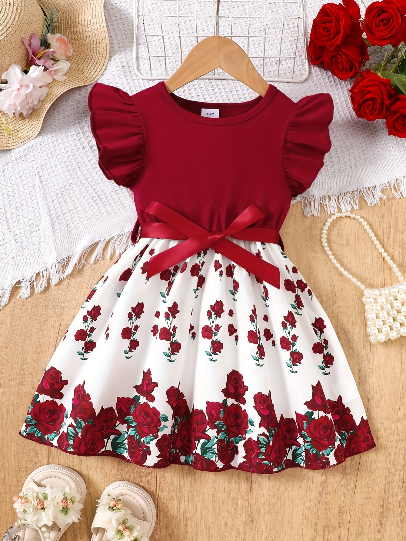 Burgundy Rose Print Flutter Sleeve Summer Girls' Casual Dress