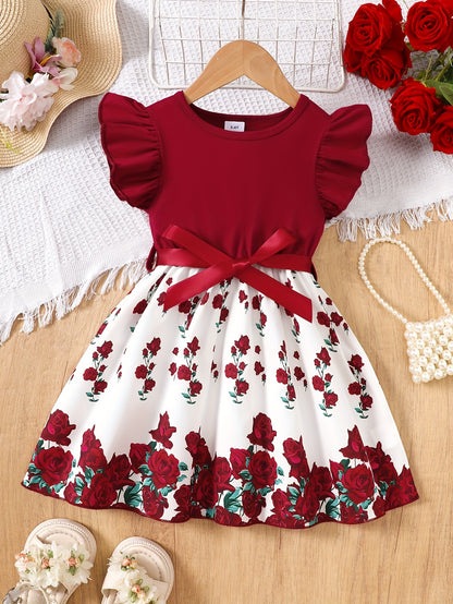 Burgundy Rose Print Flutter Sleeve Summer Girls' Casual Dress