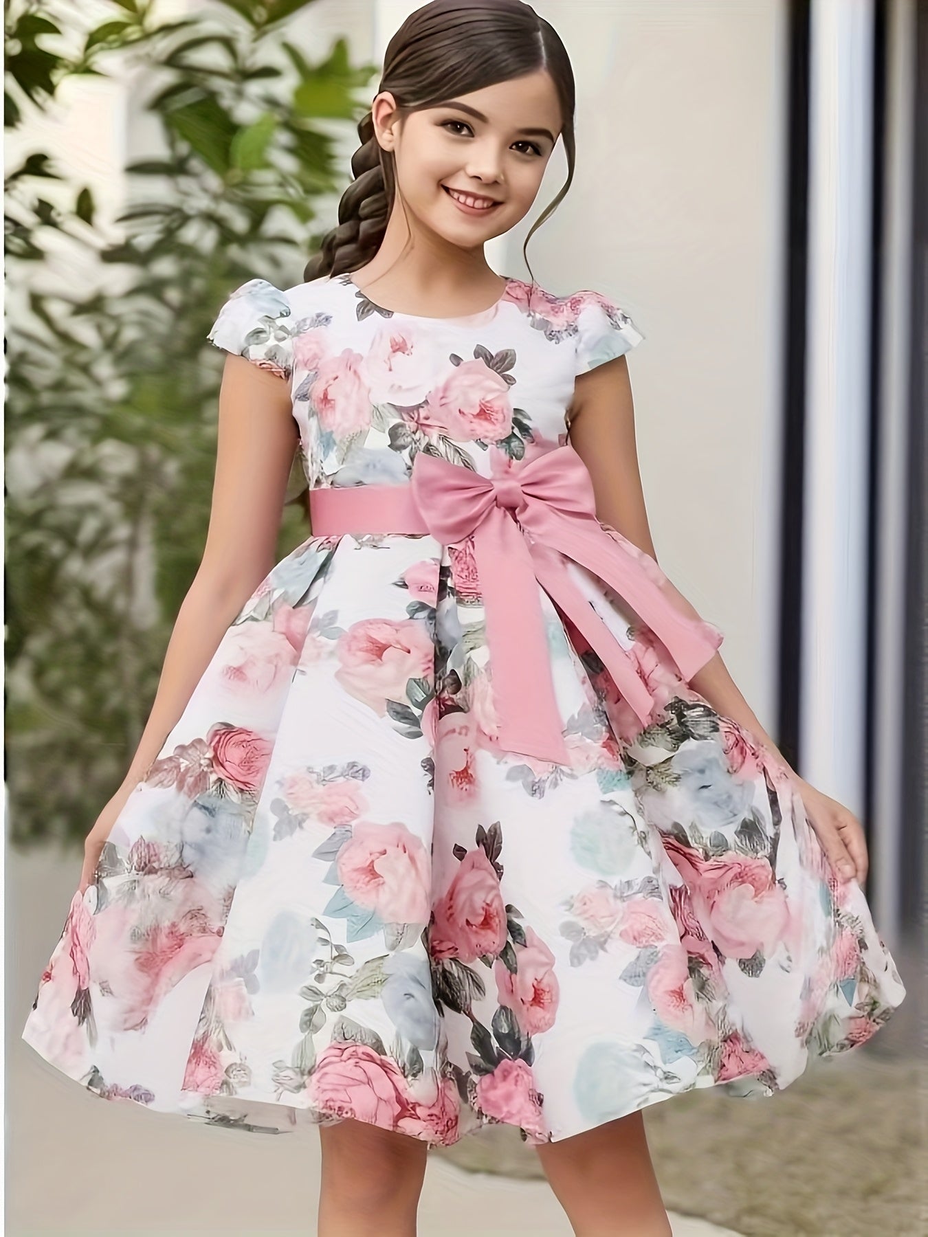 Girls' Elegant Rose Floral Print Party Dress