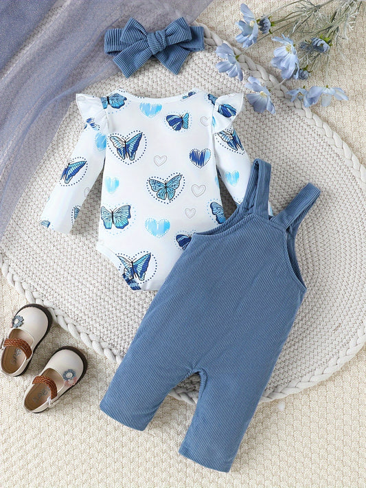 3pcs Set: Long-Sleeve Butterfly Love Print Flutter Hem