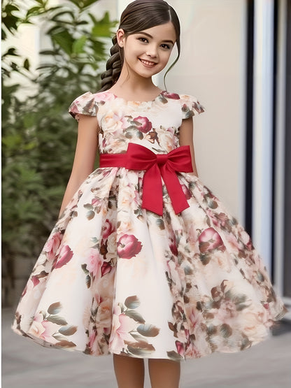 Girls' Elegant Rose Floral Print Party Dress