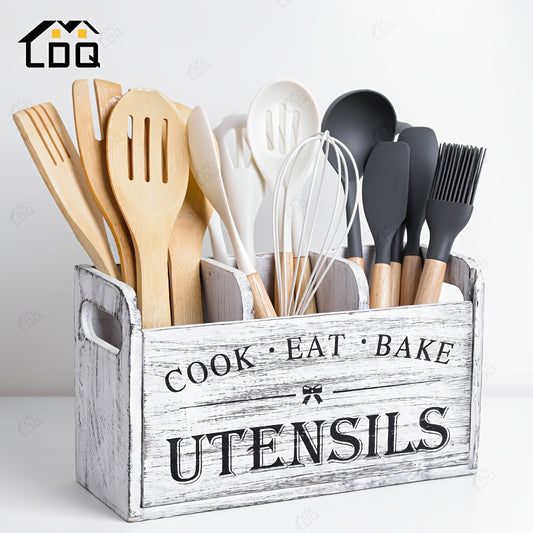 3-Compartment LDQ Rustic Wooden Kitchen Utensil Holder