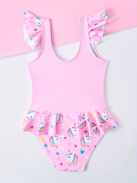 Girls' One-Piece Swimsuit, Pink Unicorn Print with Ruffle Trim Sleeveless Swimwear