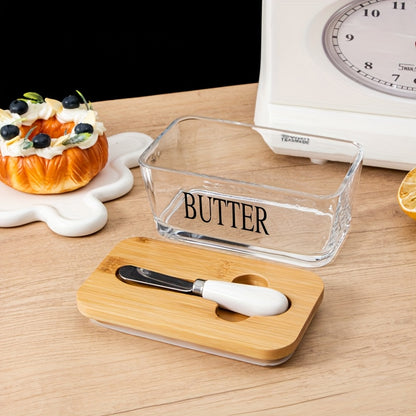 1 Set YumiPLUS Acacia Wood Lid Glass Butter Dish Set