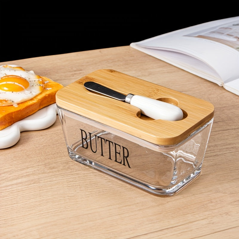 1 Set YumiPLUS Acacia Wood Lid Glass Butter Dish Set